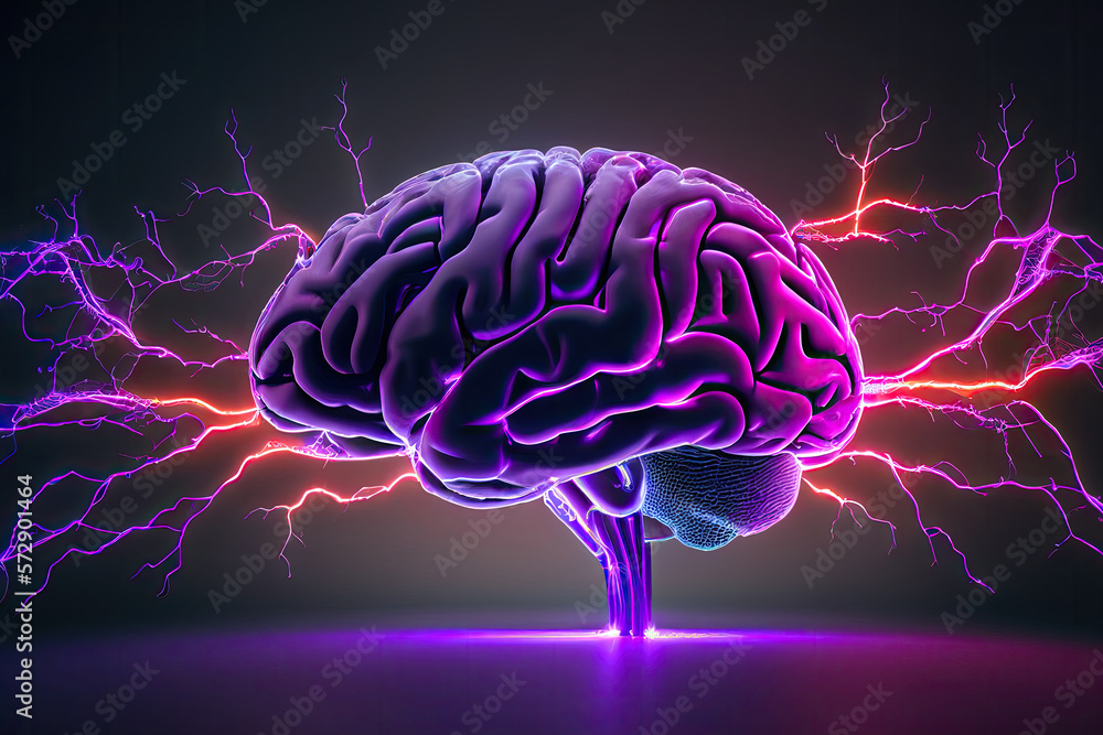 Digital brain with glowing neuron connections on abstract background. Nerve cells in human brain. Concept of thinking and consciousness. Created with Generative AI Digital brain with glowing neuron connections on abstract background. Nerve cells in human brain. Concept of thinking and consciousness. Created with Generative AI