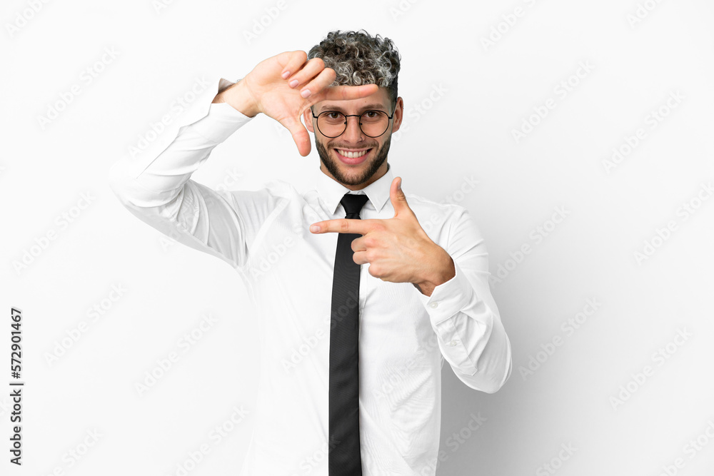 Business caucasian man isolated on white background focusing face. Framing symbol Business caucasian man isolated on white background focusing face. Framing symbol