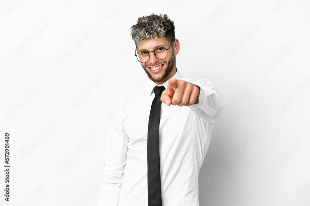 Business caucasian man isolated on white background points finger at you with a confident expression Business caucasian man isolated on white background points finger at you with a confident expression