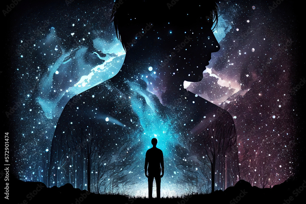 Double exposion of man silhouette standing against night sky with stars and galaxy. Alone man in futuristic landscape. Created with Generative AI