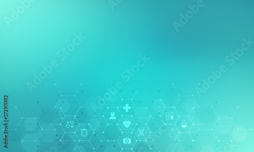 Medical background and healthcare technology with flat icons and symbols. Concept and idea for health care business, innovation medicine, health safety, science, medical research, and development.