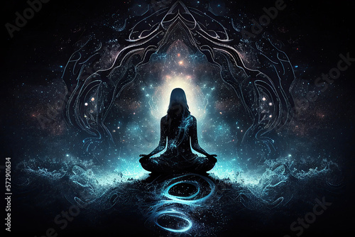 Billede på lærred Woman silhouette meditating on cosmic background