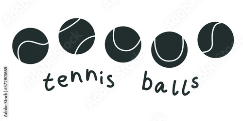 Flat vector silhouette illustration. Hand drawn different tennis balls