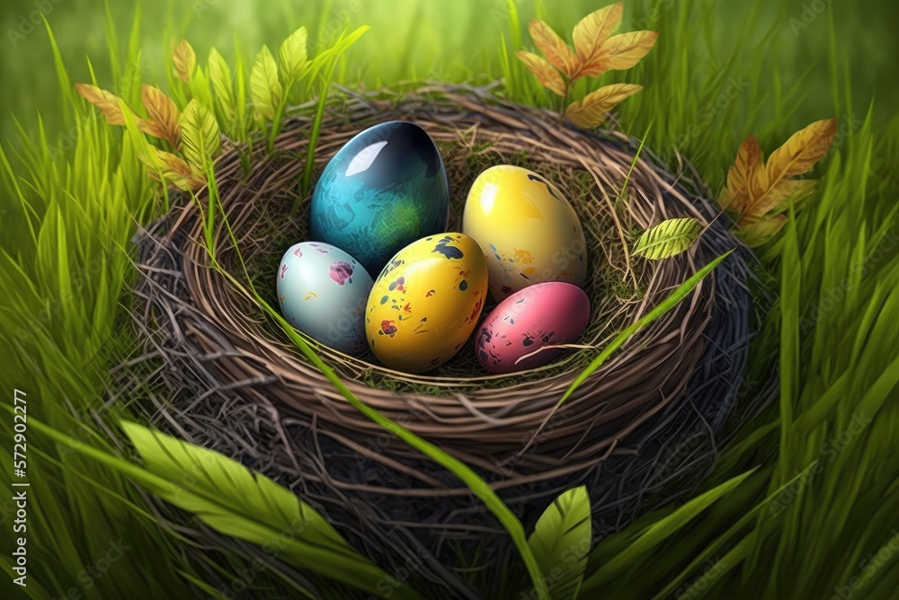 Nest with easter colorful eggs in grass on a sunny spring day. Ai generative. Nest with easter colorful eggs in grass on a sunny spring day. Ai generative.