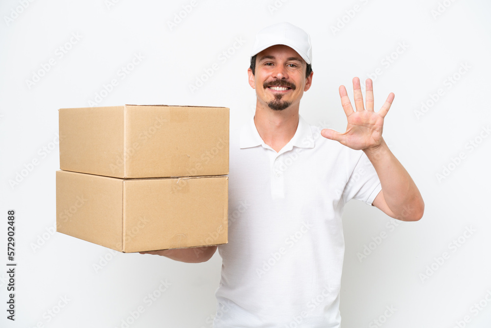Delivery caucasian man isolated on white background counting five with fingers Delivery caucasian man isolated on white background counting five with fingers