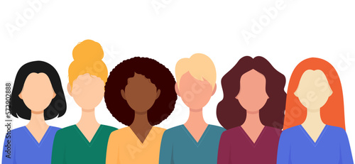 Six women of different nationalities races. Sisterhood for Equality. Vector illustration isolated on white background.