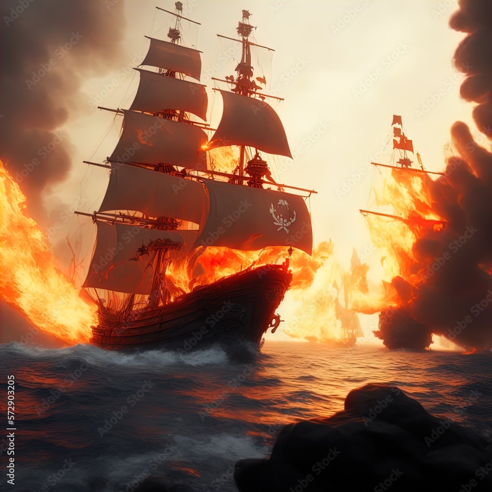 Sailing ships on fire in a battle. 