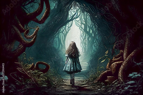 A girl from a fairy tale, walking through a dense forest. Generative AI