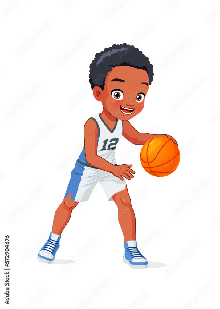Cute little African school kid playing basketball. Cartoon vector illustration.