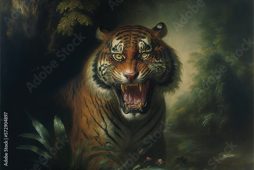 Oil painting of tiger, artist collection of animal painting for decoration and interior, canvas art, abstract, generative AI © pham