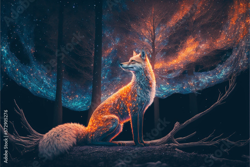 fox with tails-ghost in the forest, magic photo