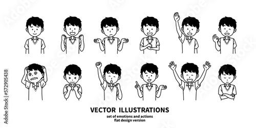 表情とジェスチャーのイラストセット　男子高生　モノクロ