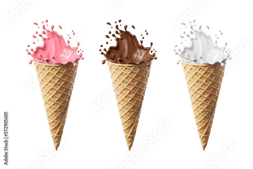 set of Chocolate,vanilla and strawberry splash of Ice cream cone flavor with clipping path, 3d illustration.
