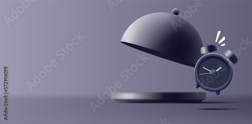 Empty 3d open cloche for food with alarm clock on dark background. For advertising concept of restaurants and cafes, time to eat.