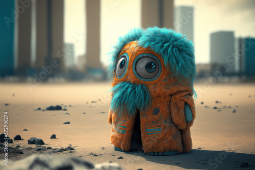Generative AI illustration of sad but cute little alien all alone in big Earth city