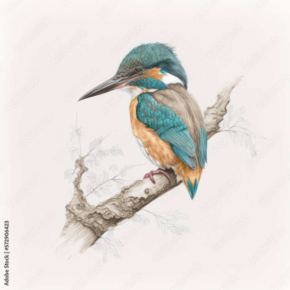 Fototapeta premium Generative AI illustration of watercolour painting image of kingfisher bird on branch