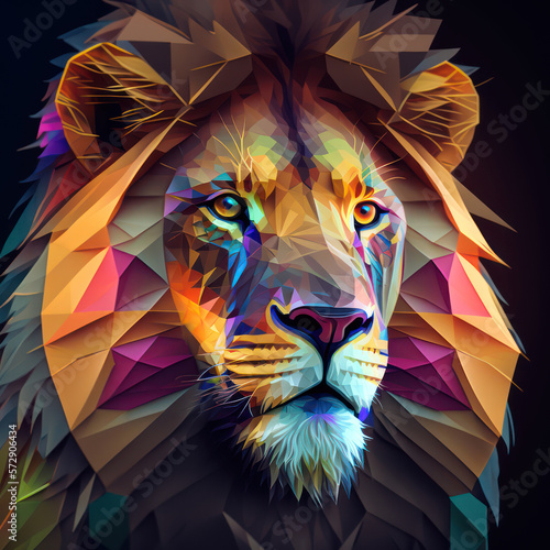 Generative AI illustration of stunning phantasmal irridiscent polygonal portait of lion's head photo