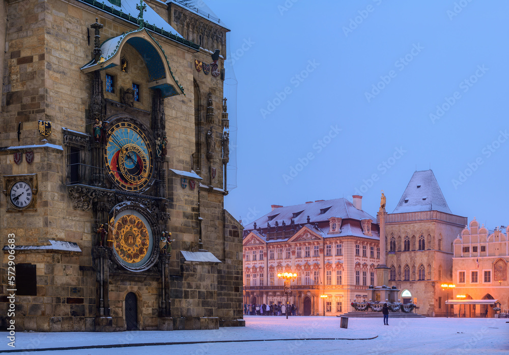The astronomical clock (Orloj) on the Old Times Square (Staroměstské Náměstí) in Prague in the early winter morning.