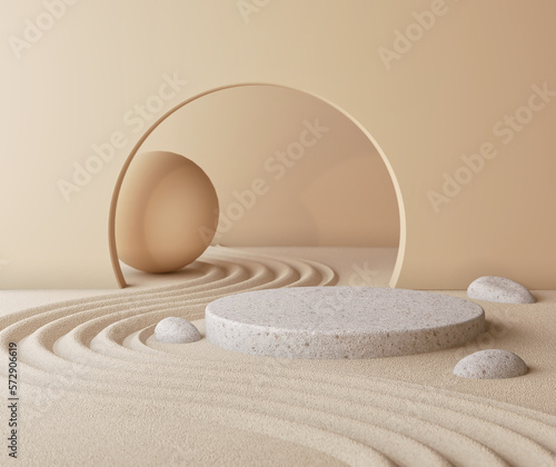 Canvas Print Cosmetic background for product presentation, podium display on Zen circle pattern in sand, 3d rendering