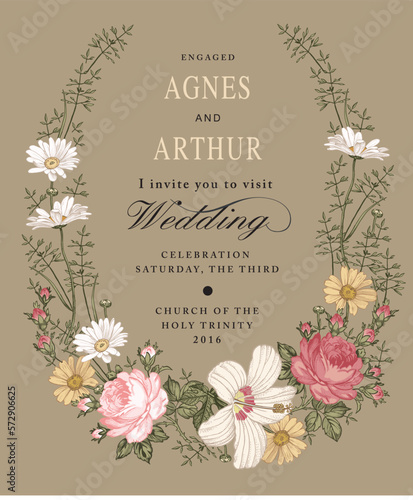 Wedding invitation. Beautiful blooming flowers. Vintage greeting card. Frame. Drawing engraving isolated. Chamomile Rose hibiscus wildflowers floral. Wallpaper baroque. Vector victorian Illustration