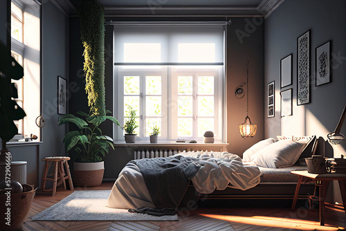 bedroom black and white wall with painting and plant daylight real estate
