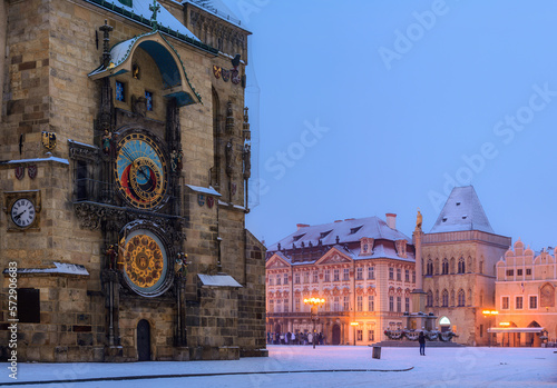 Obraz na płótnie The astronomical clock (Orloj) on the Old Times Square (Staroměstské Náměstí) in Prague in the early winter morning. w salonie