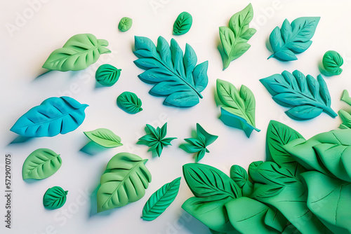 teal and green hyper-realistic floral hand-made plasticine flowers or play-doh spring leaves and foilage with stems, isolated on a white background (generative ai) photo