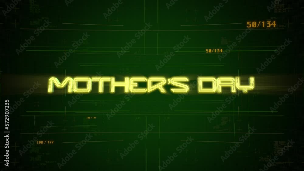 Mothers Day on screen with HUD lines and numbers, motion abstract holidays, futuristic and cyberpunk style background Mothers Day on screen with HUD lines and numbers, motion abstract holidays, futuristic and cyberpunk style background