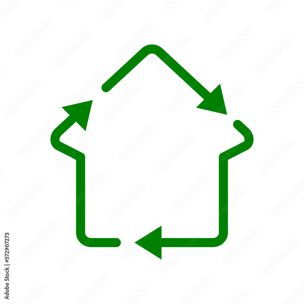 Recycle house idea. Upcycling concept. Green outline line icon. Zero waste. Renewable, reusable materials. Sustainable resources. Ecological construction industry. Vector illustration, flat, clip art Recycle house idea. Upcycling concept. Green outline line icon. Zero waste. Renewable, reusable materials. Sustainable resources. Ecological construction industry. Vector illustration, flat, clip art