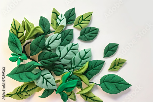 green hyper-realistic floral hand-made plasticine flowers or play-doh spring leaves and foilage with stems, close-up, macro, isolated on white background (generative ai)