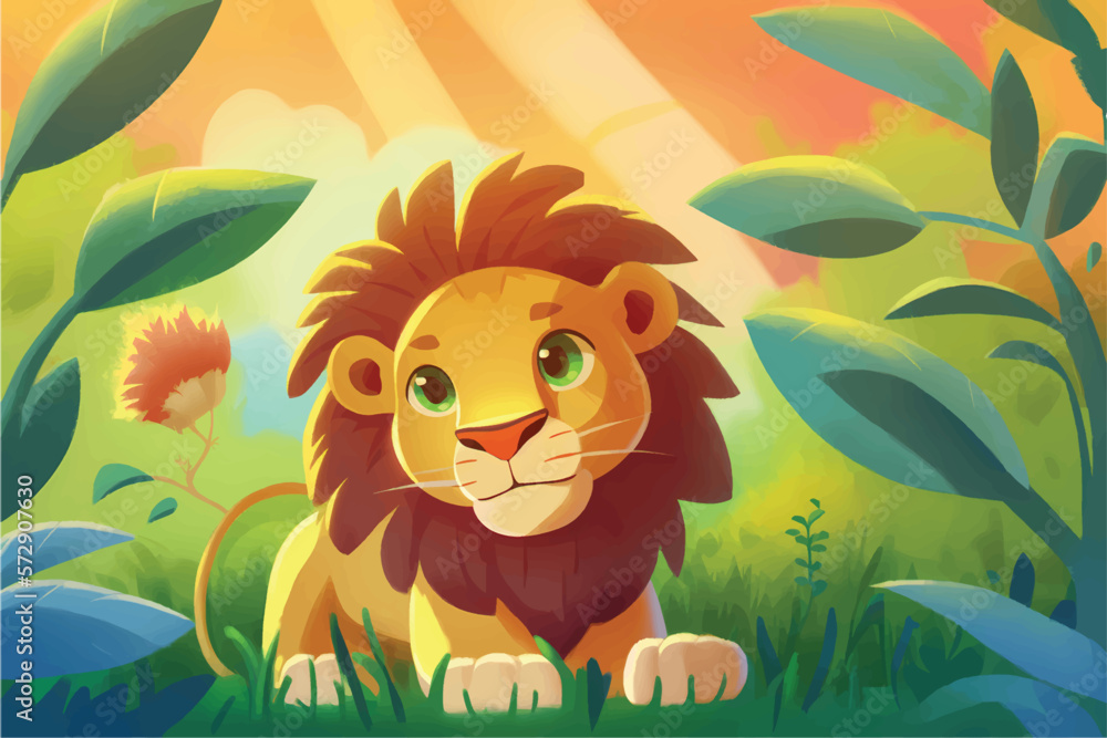 This playful illustration of a friendly lion with a nature background