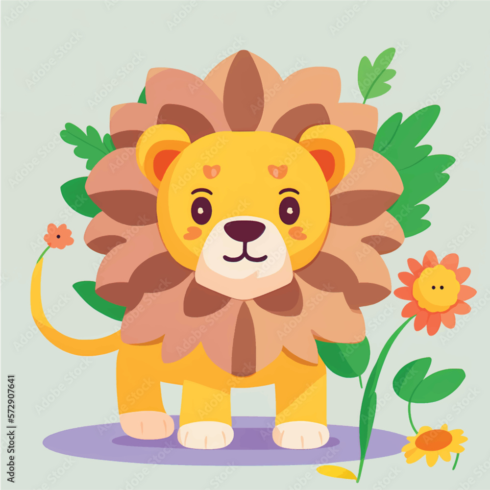This playful illustration of a friendly lion with a nature background is perfect for kids. The charming and approachable style of the lion evokes a sense of adventure, while the soothing nature This playful illustration of a friendly lion with a nature background is perfect for kids. The charming and approachable style of the lion evokes a sense of adventure, while the soothing nature