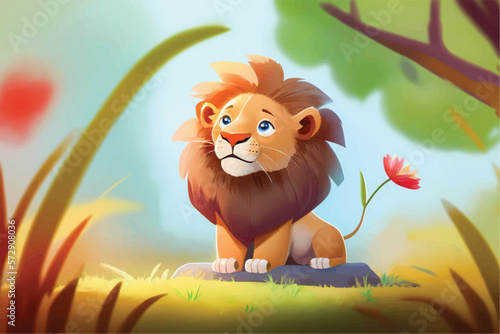 This playful illustration of a friendly lion with a nature background is perfect for kids. The charming and approachable style of the lion evokes a sense of adventure, while the soothing nature
