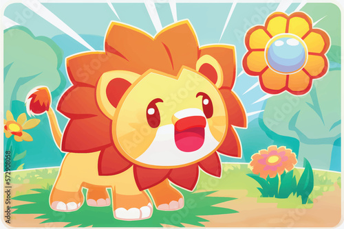 This playful illustration of a friendly lion with a nature background is perfect for kids. The charming and approachable style of the lion evokes a sense of adventure, while the soothing nature