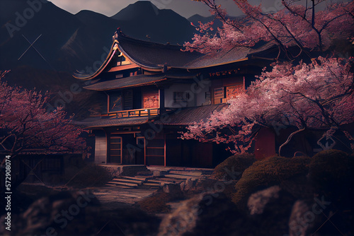 Japanese cherry blossom sakura on the background of an old asian style house, tourism to asia during the flowering of plants and spring. Generative AI photo