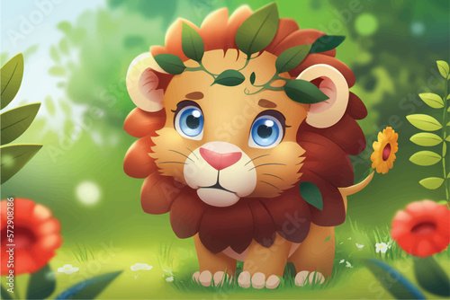 This playful illustration of a friendly lion with a nature background is perfect for kids. The charming and approachable style of the lion evokes a sense of adventure, while the soothing nature