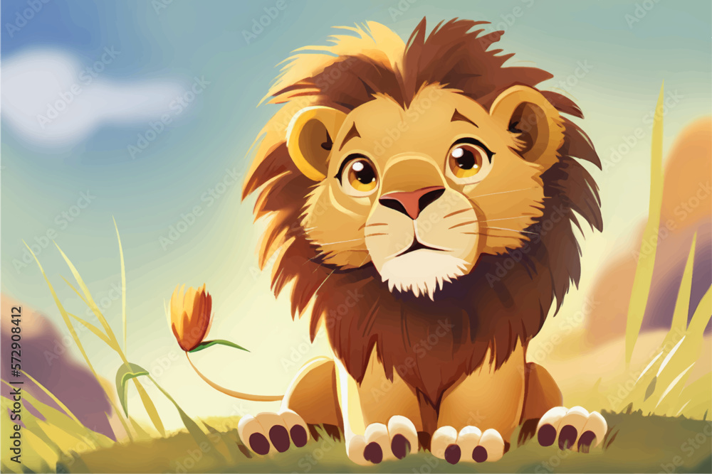 This playful illustration of a friendly lion with a nature background is perfect for kids. The charming and approachable style of the lion evokes a sense of adventure, while the soothing nature This playful illustration of a friendly lion with a nature background is perfect for kids. The charming and approachable style of the lion evokes a sense of adventure, while the soothing nature