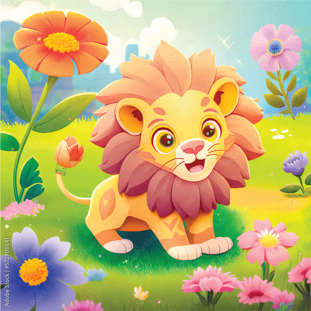 This playful illustration of a friendly lion with a nature background is perfect for kids. The charming and approachable style of the lion evokes a sense of adventure, while the soothing nature This playful illustration of a friendly lion with a nature background is perfect for kids. The charming and approachable style of the lion evokes a sense of adventure, while the soothing nature