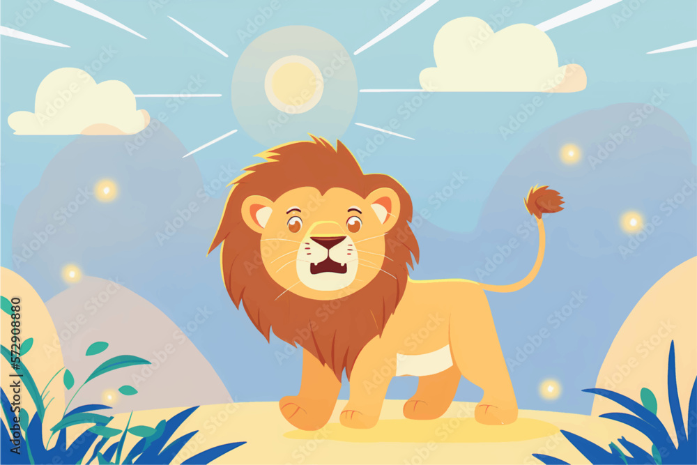 This playful illustration of a friendly lion with a nature background is perfect for kids. The charming and approachable style of the lion evokes a sense of adventure, while the soothing nature This playful illustration of a friendly lion with a nature background is perfect for kids. The charming and approachable style of the lion evokes a sense of adventure, while the soothing nature