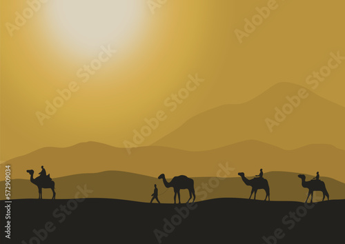silhouette of camels in the desert with sunlight, vector illustration.
