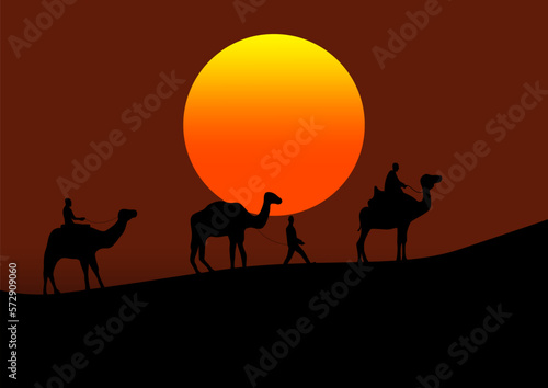 camels in the desert at sunset  vector illustration.