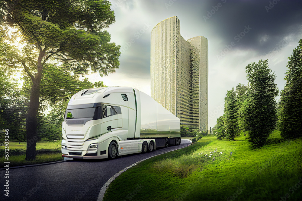 Truck bus electric car of the future rides on the road, eco clean environment without harmful waste in the city of the future, green city. Generative AI