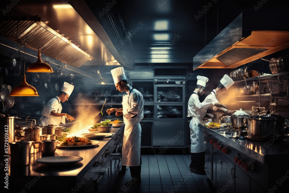 Professional kitchen with chefs cooking, restaurant kitchen 