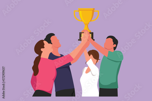 Character flat drawing business team holding winning trophy of best company competition. Happy group of employee with achievement, successful, business performance. Cartoon design vector illustration