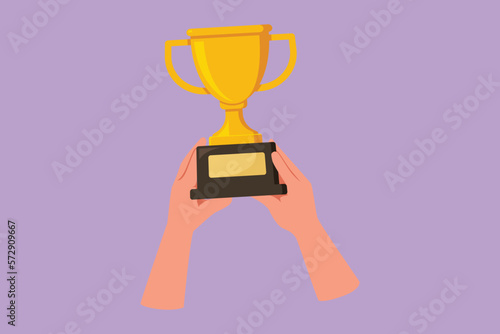 Character flat drawing trophy held by both hands. Athlete hand lifting victory trophy. Winning championships, matches and sports competitions. Best achievement ever. Cartoon design vector illustration