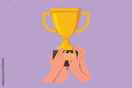 Graphic flat design drawing of golden trophy held by many athletes hands. Symbol of victory, winning championships, matches and sports competitions. Best achievement. Cartoon style vector illustration