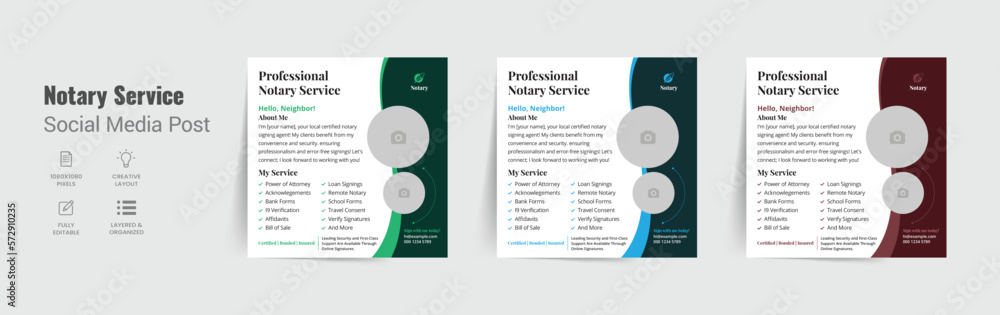 Notary public marketing social media post template, Notary service signing agent web banner design layout