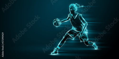 Abstract silhouette of a NBA basketball player woman in action isolated black background. © Yevheniia