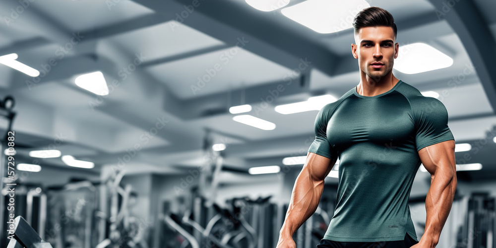 Handsome muscular man in fitness outfit on gym background with copy space, banner. generative ai Handsome muscular man in fitness outfit on gym background with copy space, banner. generative ai