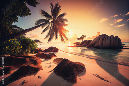 Tableau sur toile An idyllic beach and ocean landscape on a tropical island with palm trees and coconut trees in the sunset light